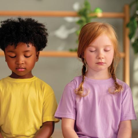 Kitakinder praktizieren alltagsintegriertes Yoga mit einer Achtsamkeitsübung