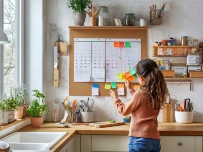 Kind steht vor Familienkalender in der Küche