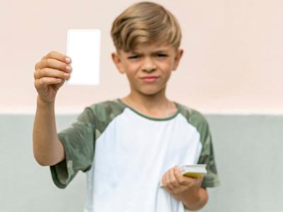 Kindergartenkind hält Emotionskarte in der Hand Achtsamkeitsübung