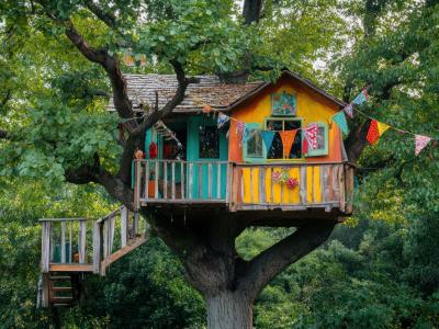 Waldkindergarten mit buntem Baumhaus