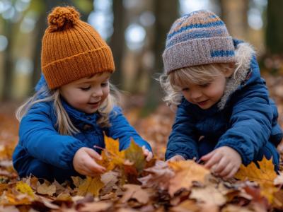 Kitakinder erleben den Herbst und betrachten Blätter
