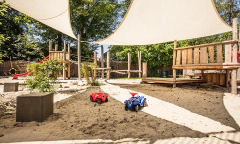 Garten mit Sandkasten in der Wichtel Akademie Pasing